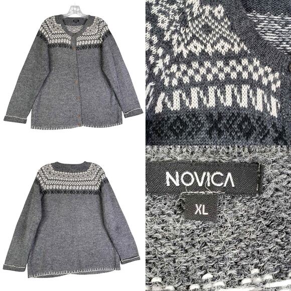 Novica Cardigan Sweater Women’s Size XL Gray Nordic Button Up Alpaca Wool - Picture 1 of 11